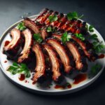 Smoked pork ribs arranged on a white plate, garnished with fresh herbs, showcasing tender and juicy meat.