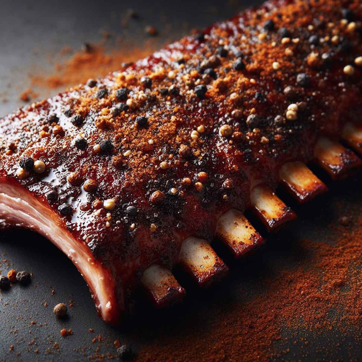 Close-up of pork baby back ribs with a detailed view of the dry rub's texture.