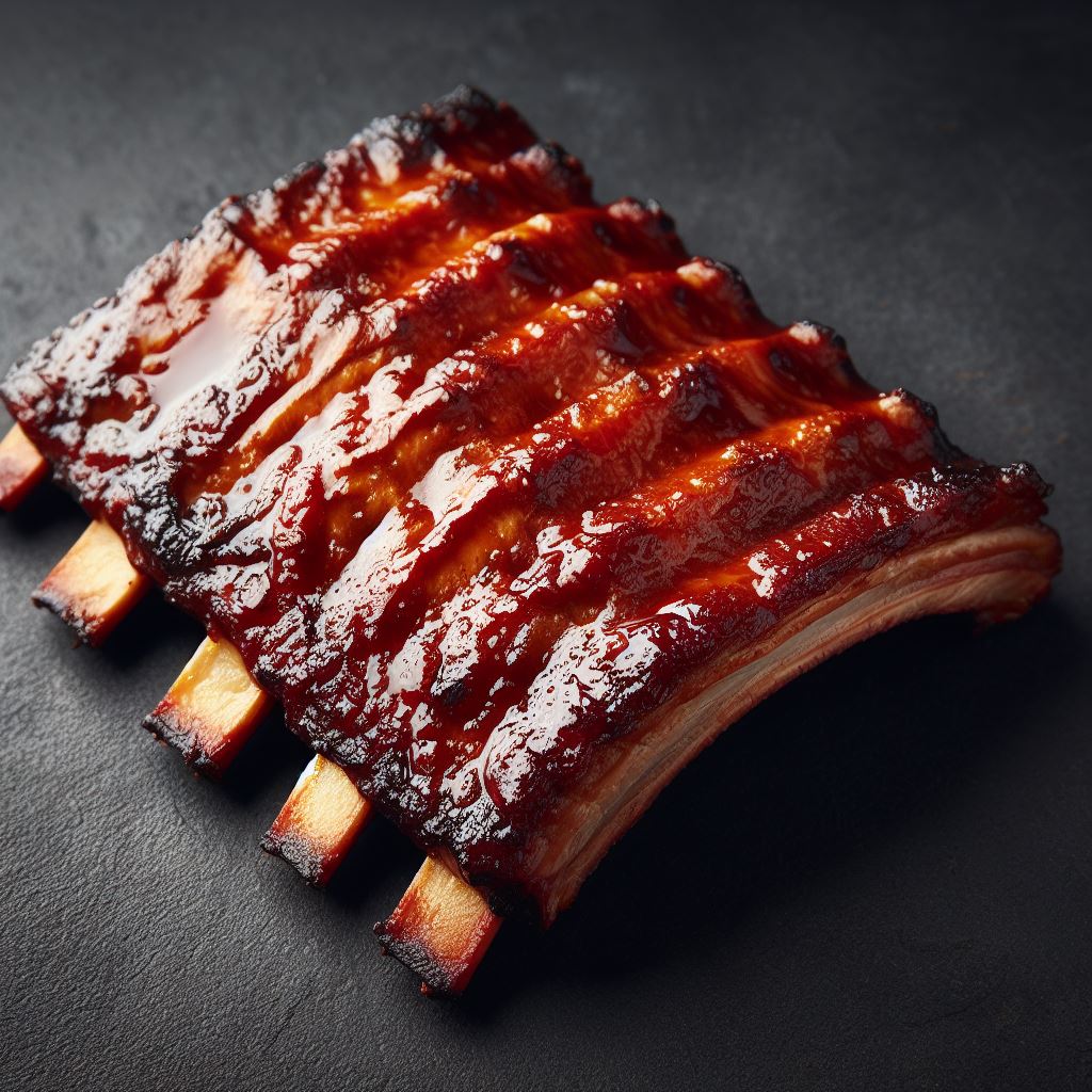 Smoked pork ribs with a glossy BBQ sauce finish on a grey, textured surface.