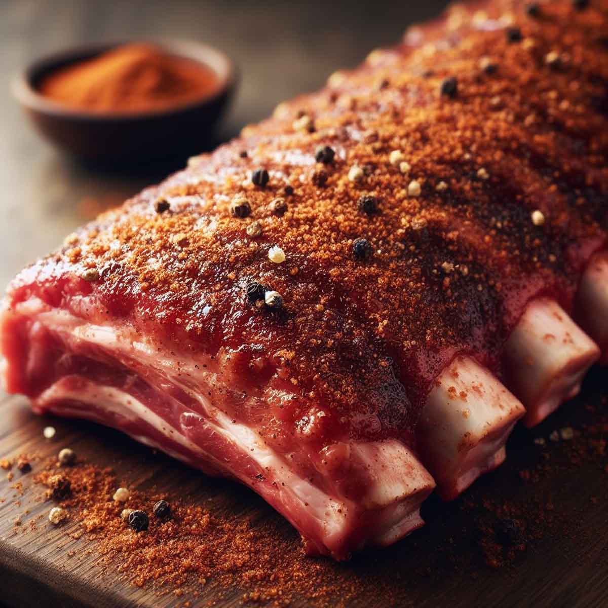 Raw pork baby back ribs evenly coated with a dark, spice-rich dry rub on a wooden surface.