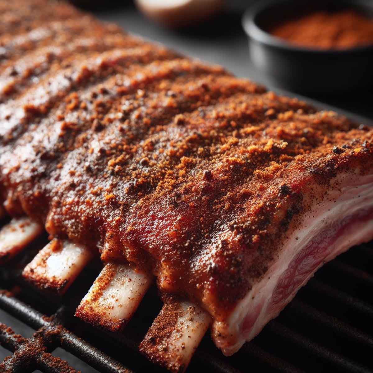 Raw pork baby back ribs with a freshly applied, vibrant dry rub on a kitchen counter.