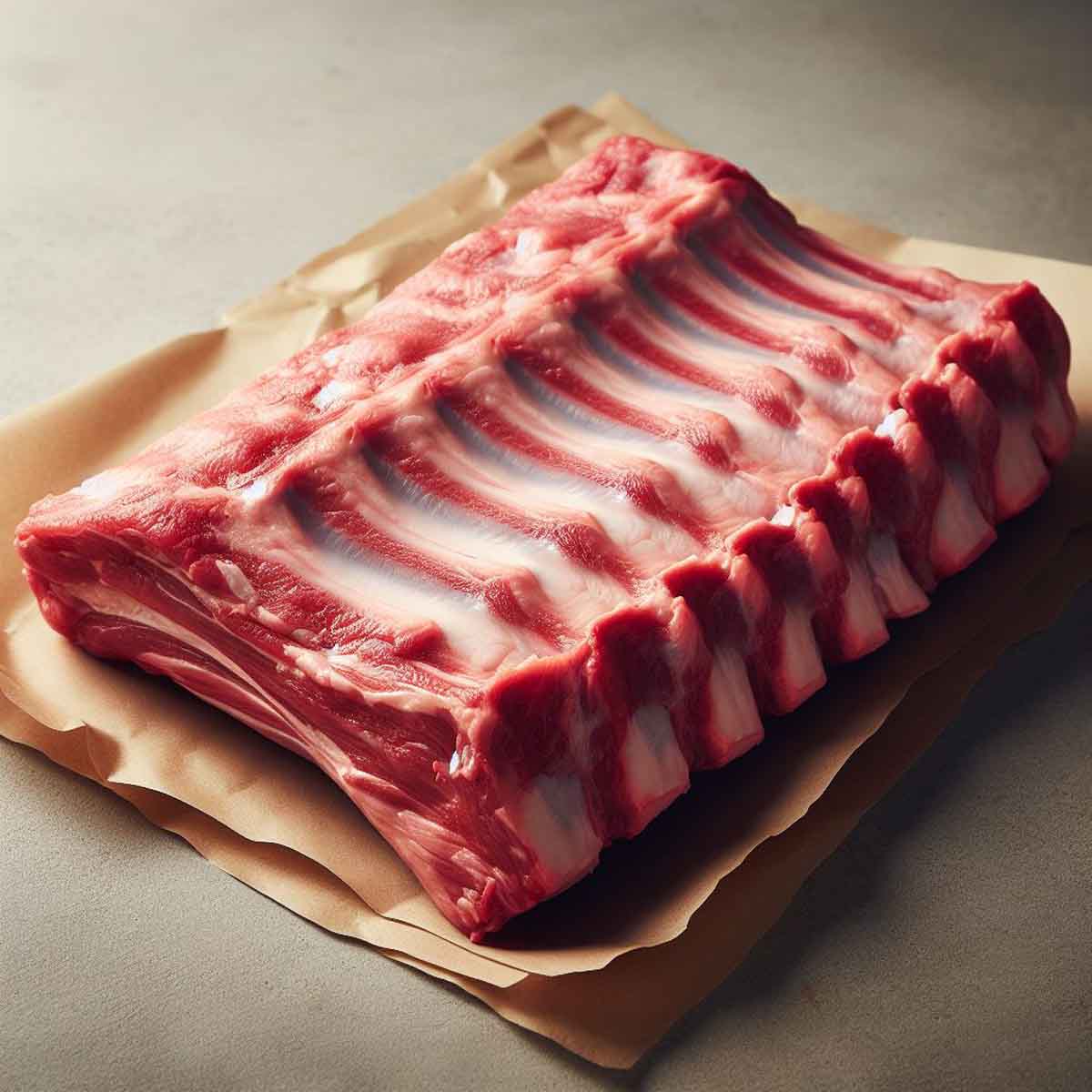Raw ribs laid out on a clean surface with kitchen tools, ready for seasoning.