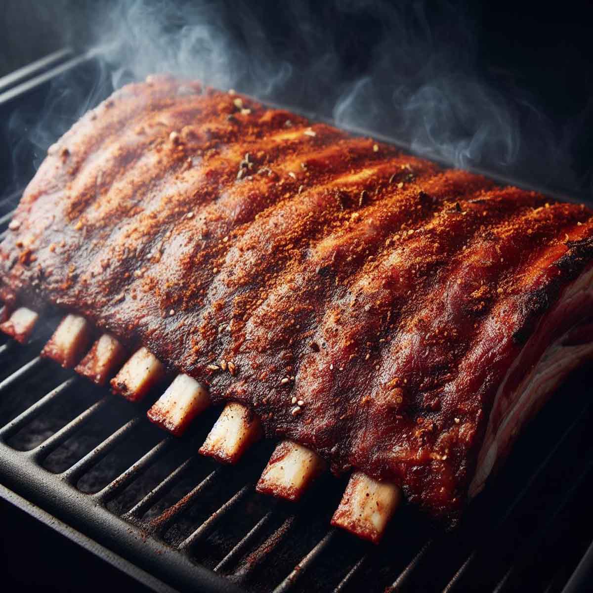 Raw ribs seasoned with dry rub, ready to be placed in a grill.