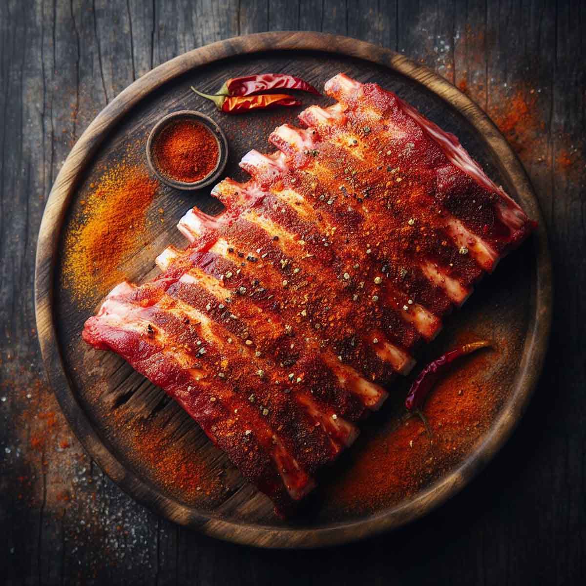 Overhead view of raw spare ribs coated with a rich, red-hued dry rub on a wooden board.