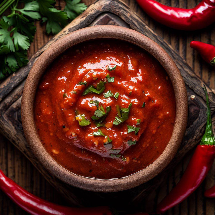 Overhead shot of a vibrant red chile sauce in a rustic setting