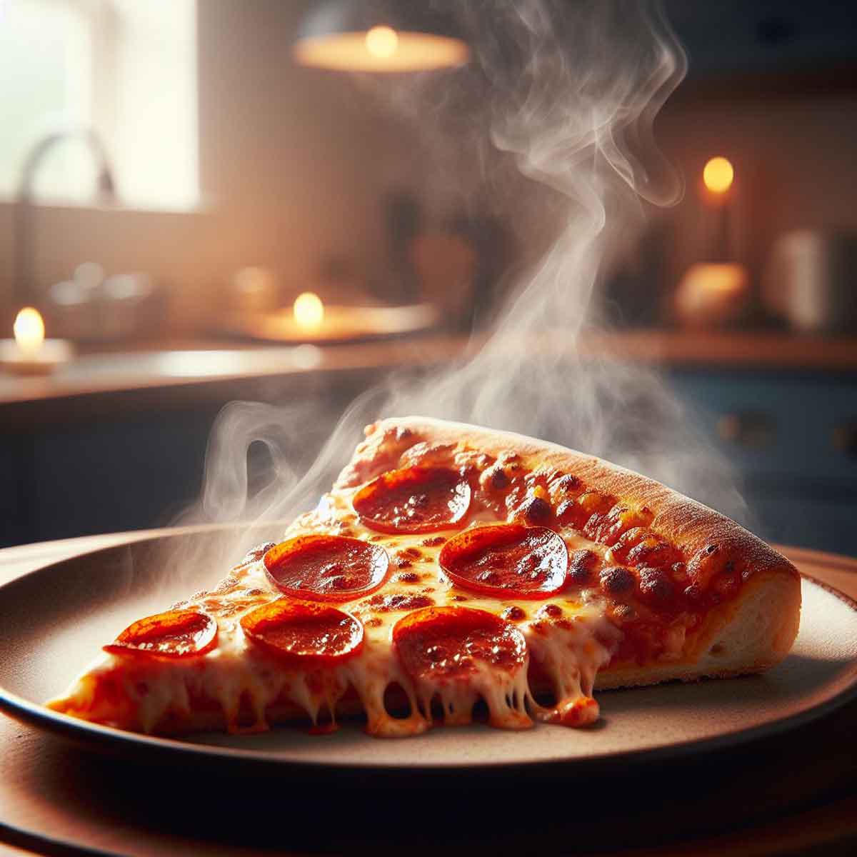 A reheated slice of Domino's pizza on a plate, showing steamy, melted cheese and a crispy crust.