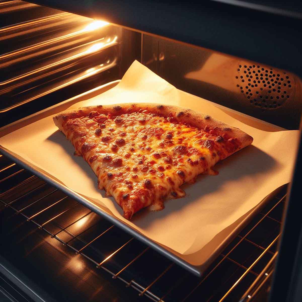 A Domino's pizza slice being reheated in an oven, with bubbling cheese and a browning crust visible through the glass door.