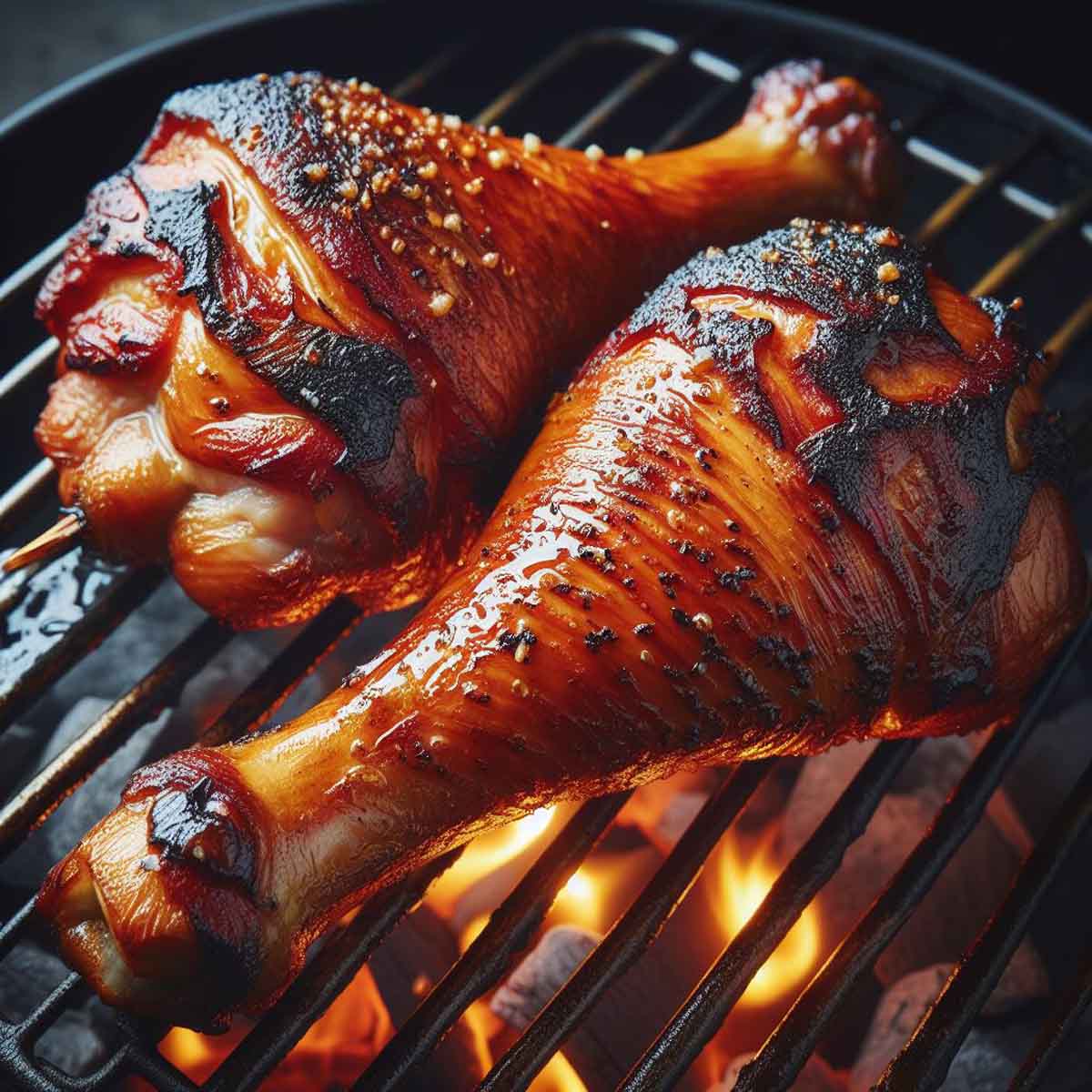 Smoked turkey legs on a grill, being reheated with visible smoke and even heat distribution.