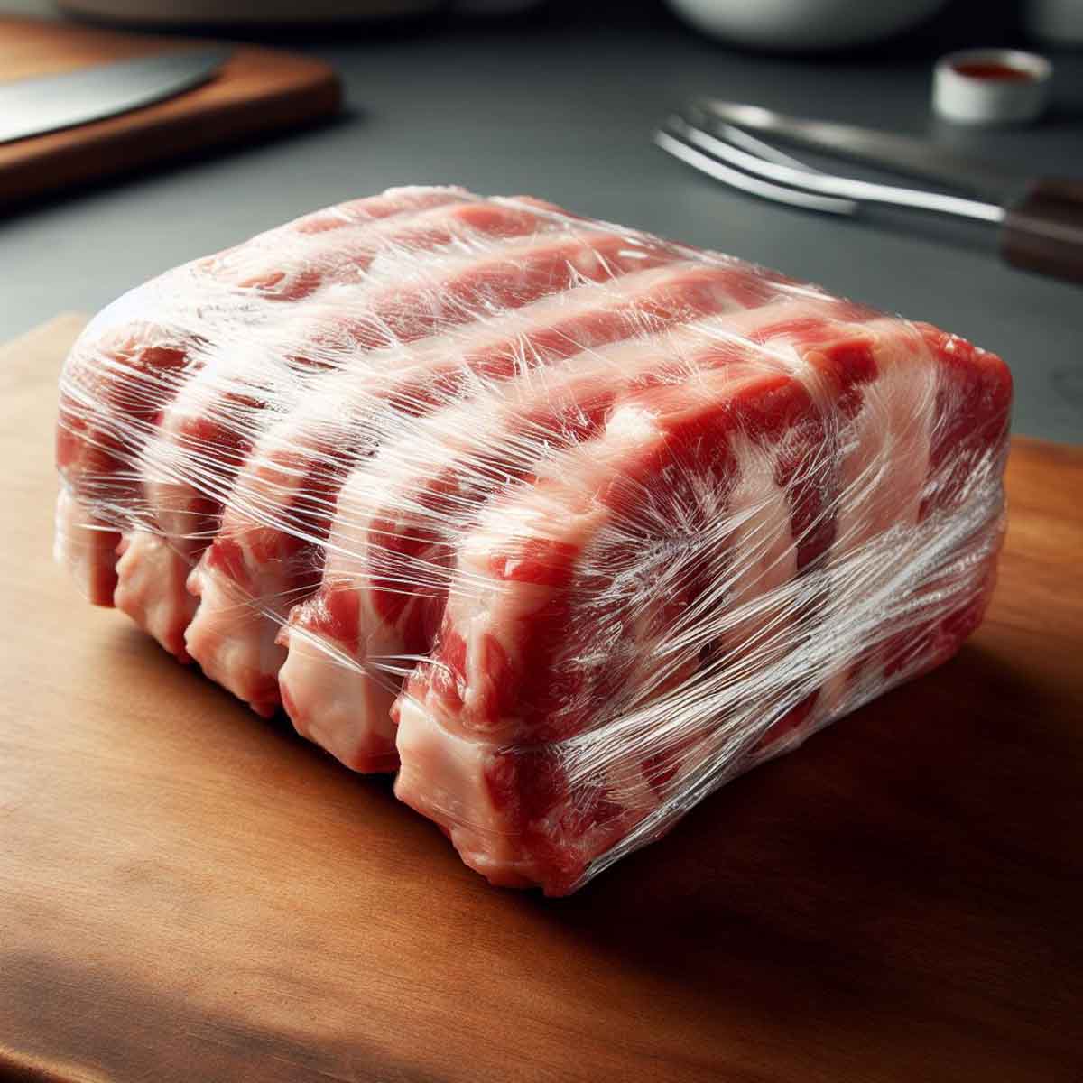 Process of packaging ribs for the freezer, showing tight and secure wrapping in heavy-duty material.