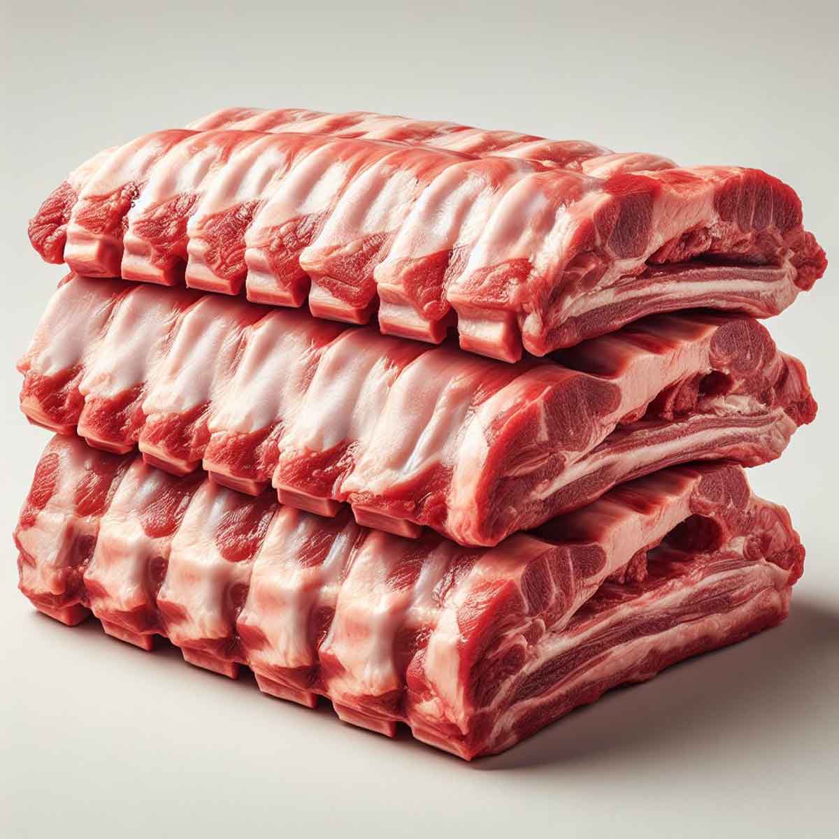 Raw pork ribs prepared and seasoned, ready to be frozen, with visible marbling and a moist surface.