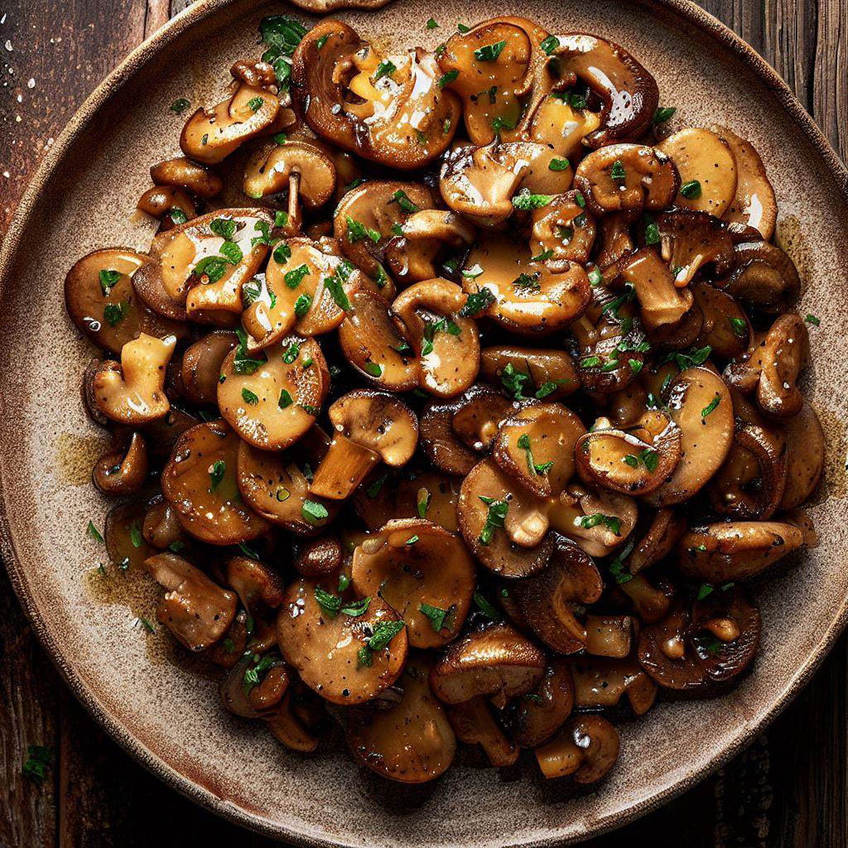 Close-up view of sautéed mushrooms with fresh parsley garnish in a rustic serving dish.