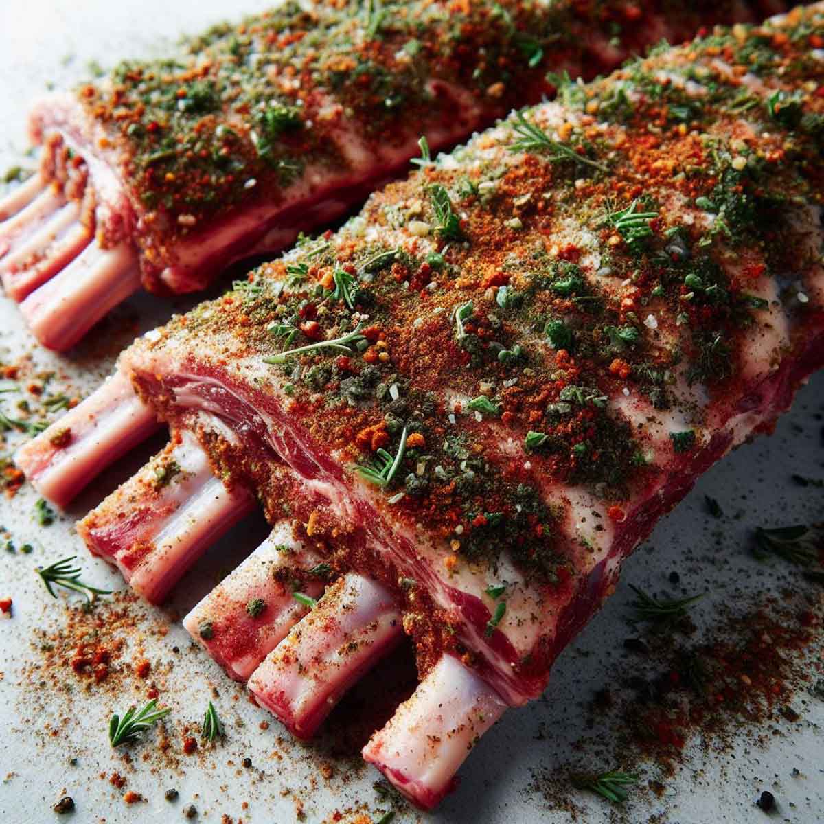 Lamb ribs generously seasoned with herbs and spices, ready for freezing, with vibrant and appetizing appearance.