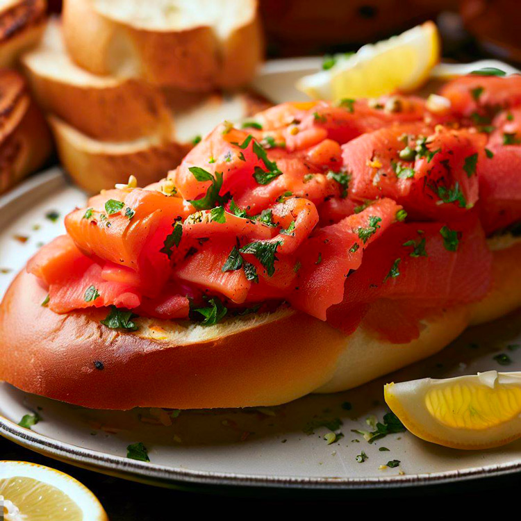 Sliced smoked salmon fillet on a baguette