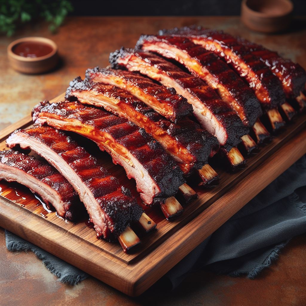 Sliced smoked pork ribs on a rustic wooden board, showing the juicy interior and perfect smoke ring.