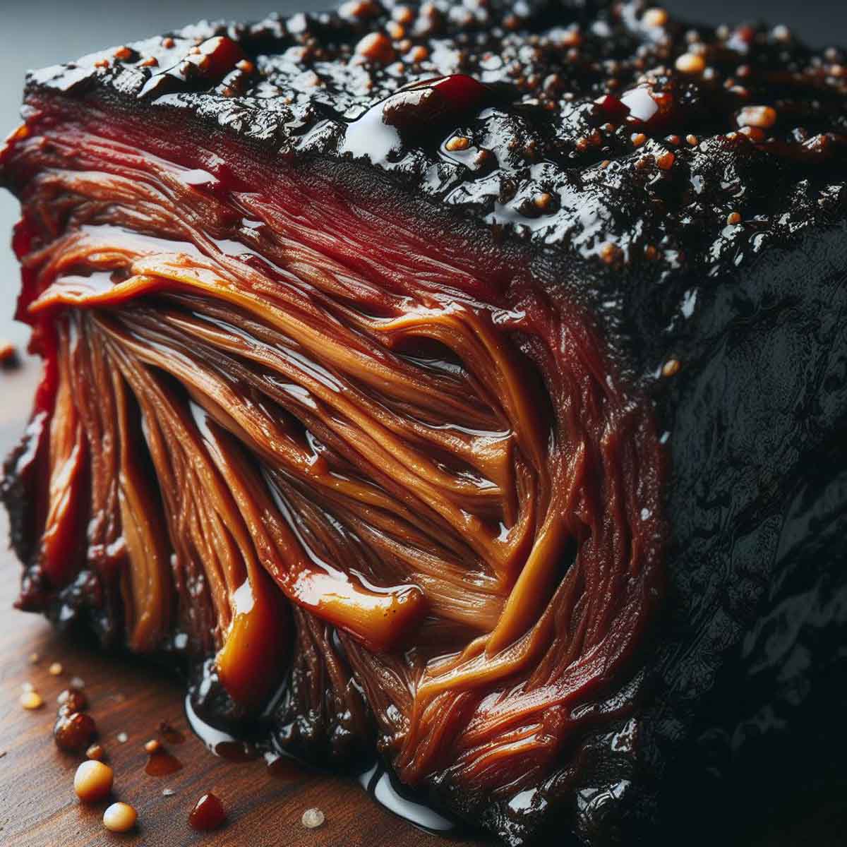 Close-up of slow-cooked short ribs, highlighting the tender, fall-apart texture and rich, glossy sauce.