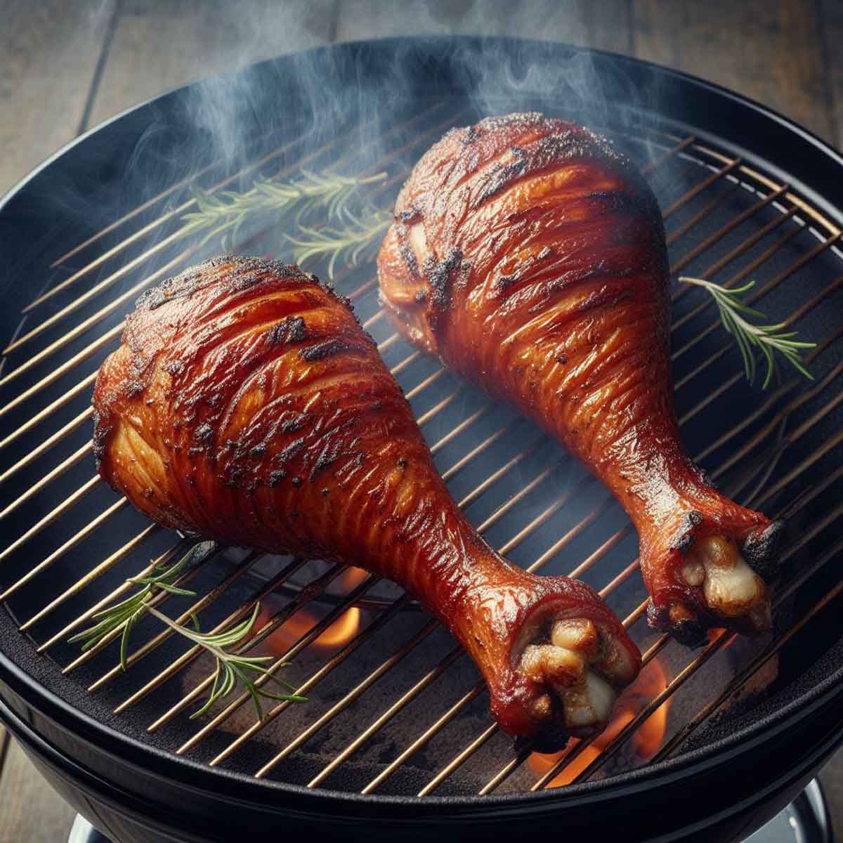 Smoked turkey legs on a grill, slowly reheating, showing evenly cooked, juicy meat with a deep color.