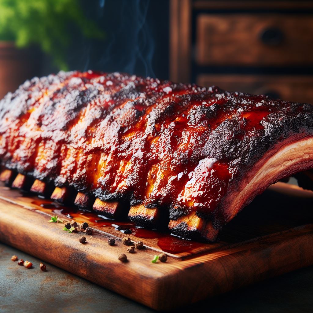 Rack of smoked pork ribs with a rich mahogany color and crispy exterior on a wooden cutting board.