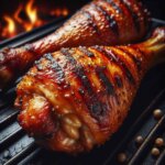 How to reheat smoked turkey legs on a grill? Close-up view of smoked turkey legs on a grill, highlighting the succulent, glistening texture and rich golden-brown color.