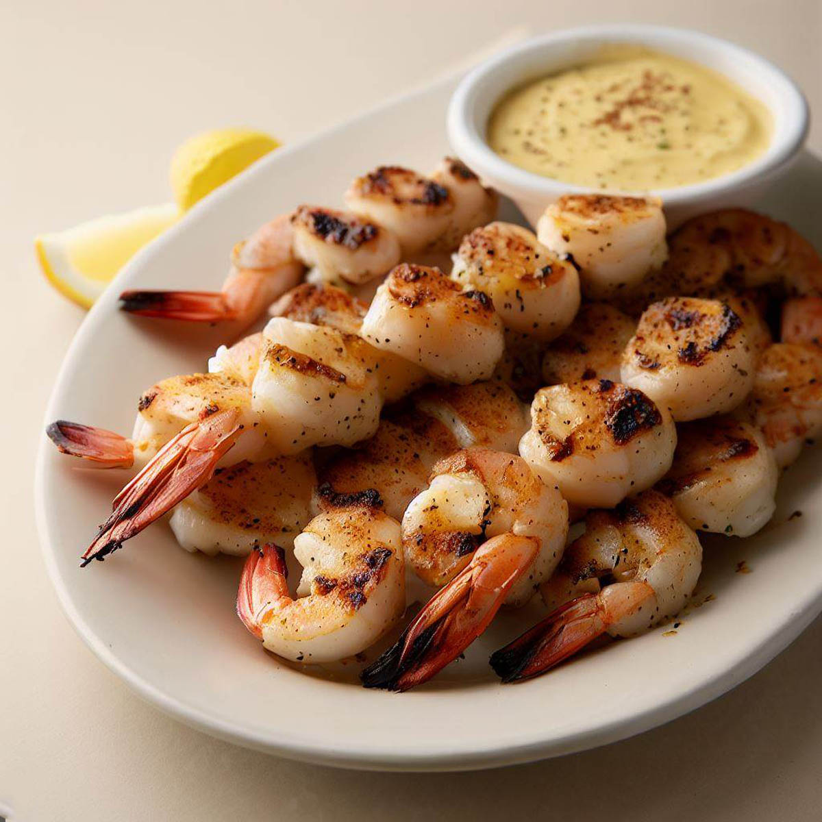Plate of Texas Roadhouse grilled shrimp skewers with a side of lemon pepper butter
