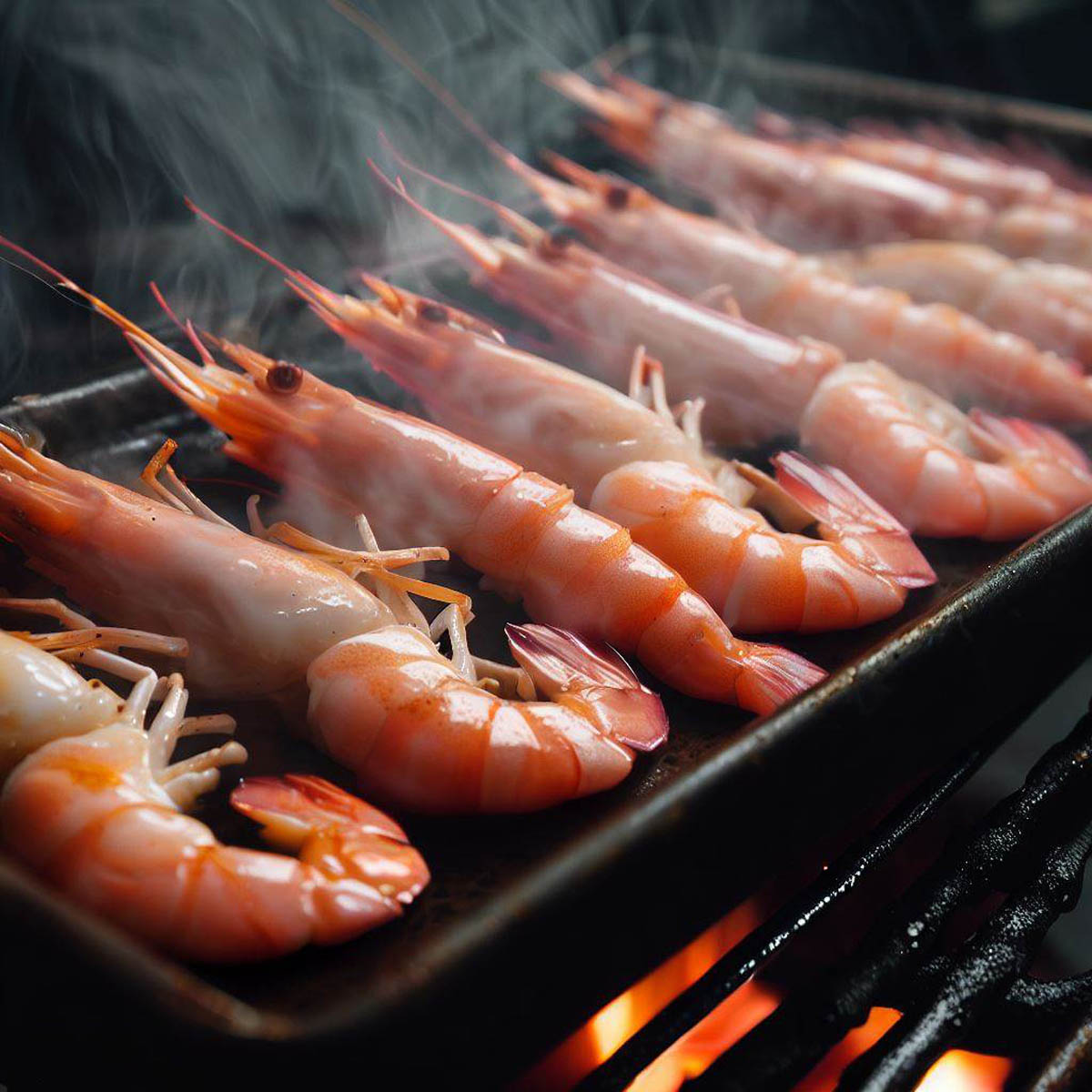 Shrimp skewers sizzling on a grill pan
