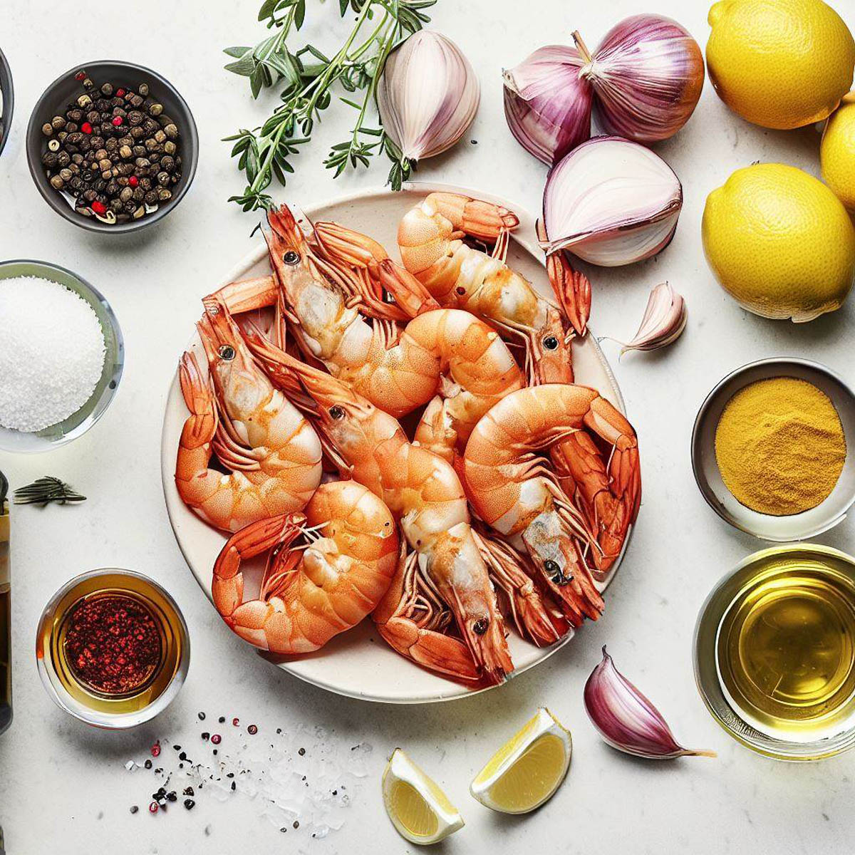Arranged raw ingredients for Texas Roadhouse grilled shrimp recipe