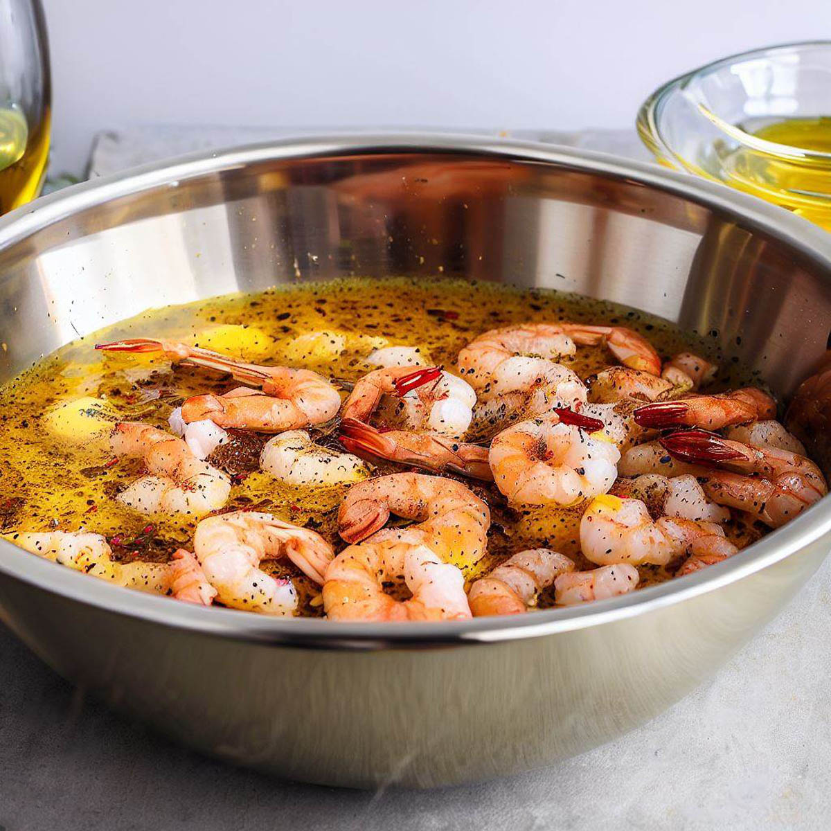 Mixing bowl with marinade for shrimp skewers
