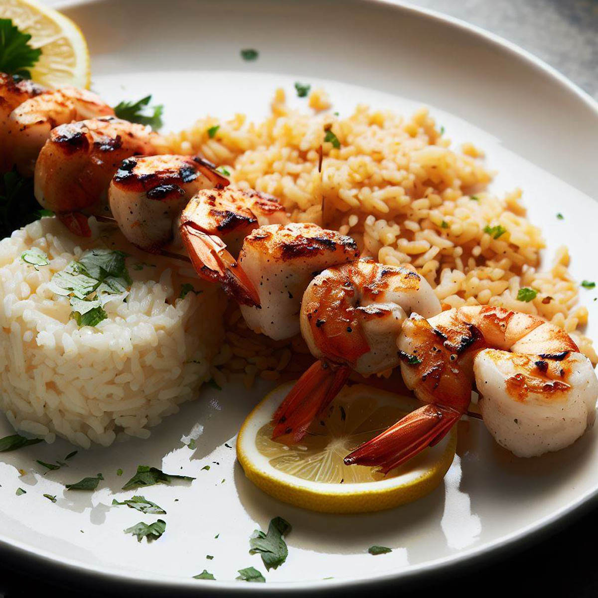 Texas Roadhouse grilled shrimp skewers served with a side of rice