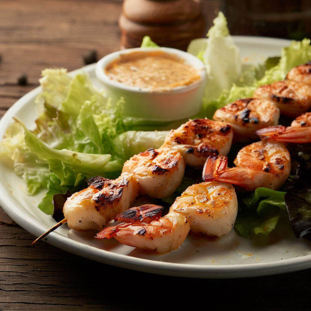 Texas Roadhouse grilled shrimp skewers served with a salad and creamy dip