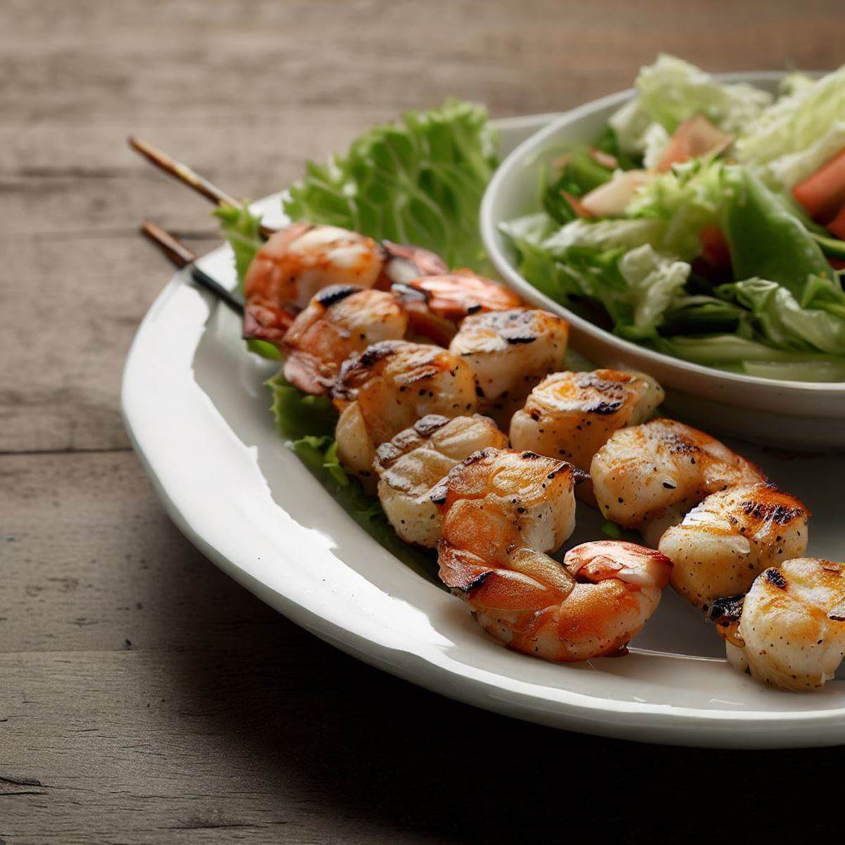 Texas Roadhouse grilled shrimp skewers placed next to a vibrant salad