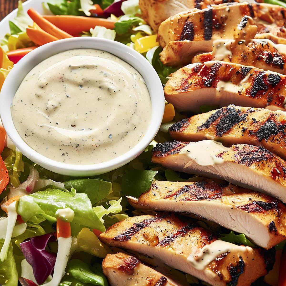 A vibrant vegetable salad adorned with golden grilled chicken slices and generously drizzled with creamy Texas Roadhouse Ranch dressing.