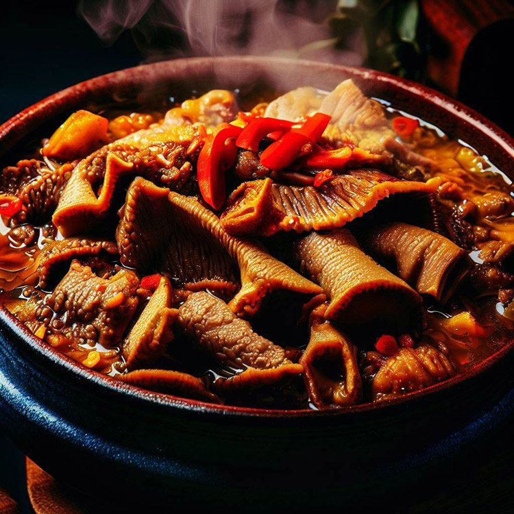 Close-up of steaming bowl of tripe stew with vibrant colors and visible texture