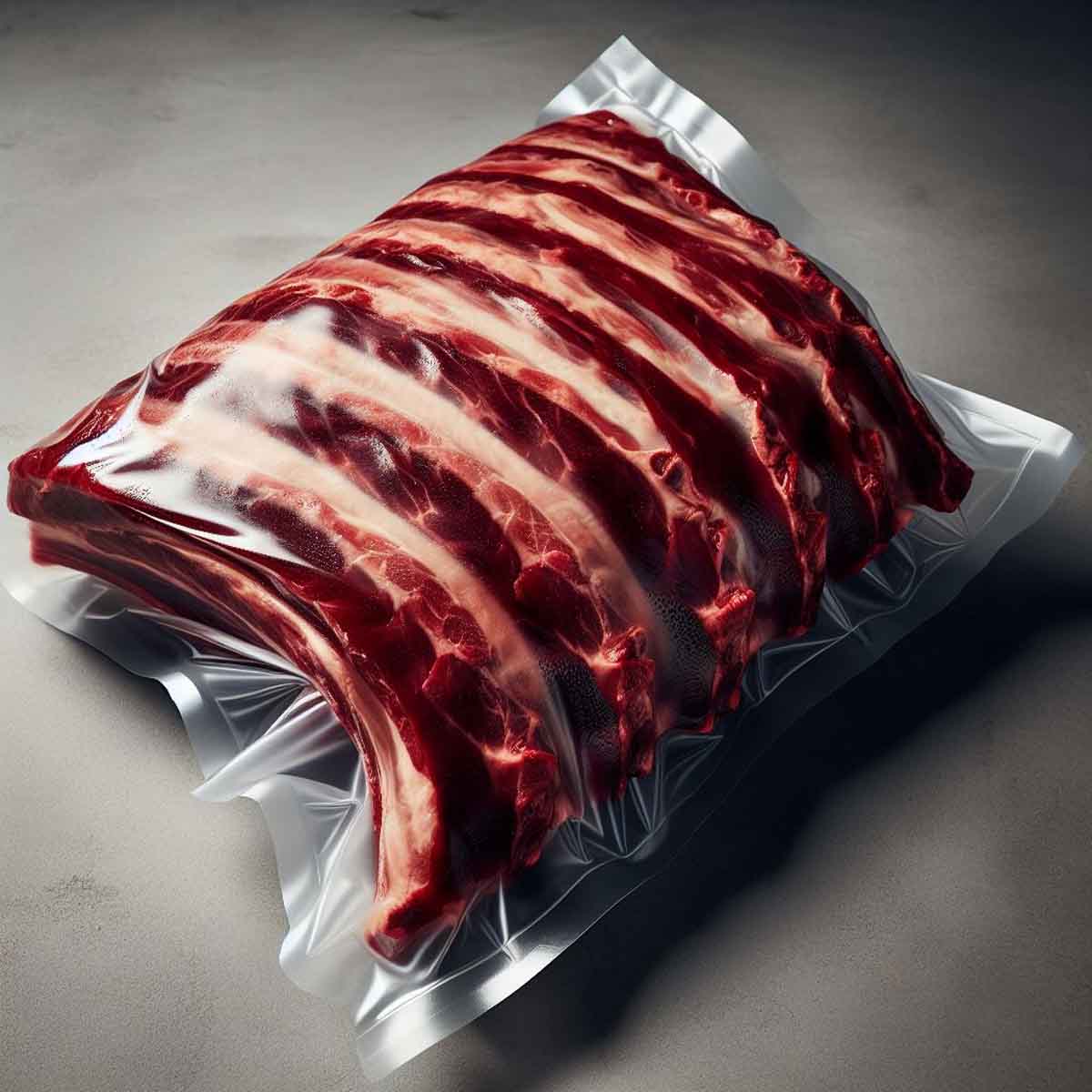 Beef ribs vacuum-sealed in a clear plastic bag, showing large size, deep red color, and rich marbling.